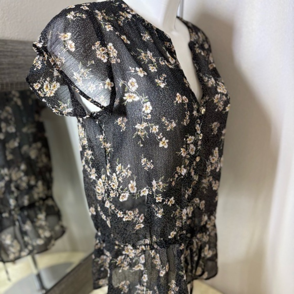 Maurices Black Blouse with Mandarin Collar and Buttoned Tie Front